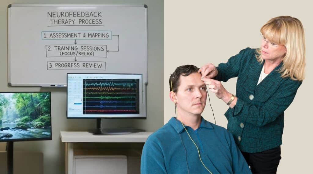 Neurofeedback therapy session showing EEG brain training for anxiety disorder.