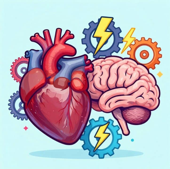 picture of a heart and a brain with gears showing how they work together