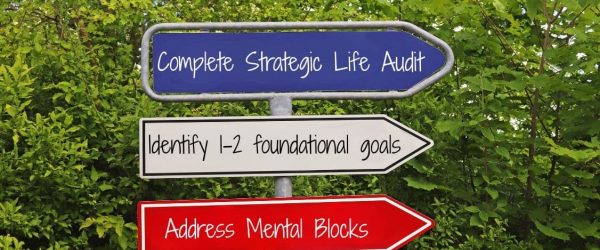 3 arrow signs with words saying Complete Strategic Life Audit, Identify 1-2 foundational goals, Address Mental Blocks
