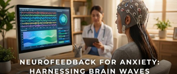 Neurofeedback session for anxiety. EEG brain waves monitored for anxiety disorder treatment.